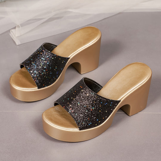 Damen Plateau-Pantoletten mit glitzerndem Obermaterial und bequemem Blockabsatz EB