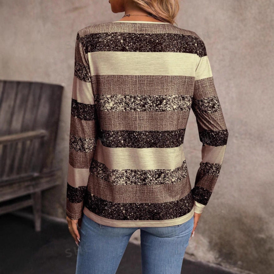 Damen Langarmshirt mit V-Ausschnitt, strukturierter Streifenoptik und Zierknopfleiste EB