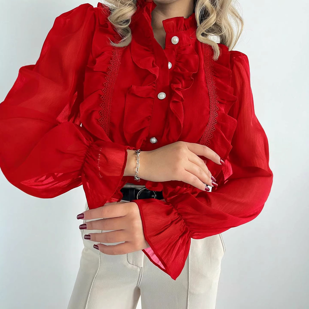 Damen Rüschenbluse aus Chiffon mit Stehkragen und Perlenknöpfen EB