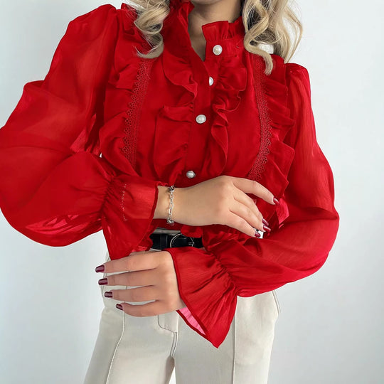 Damen Rüschenbluse aus Chiffon mit Stehkragen und Perlenknöpfen EB