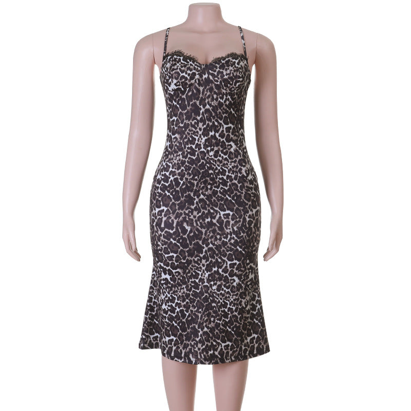 Damen Figurbetontes Minikleid mit animalischem Muster und verstellbaren Spaghettiträgern EB