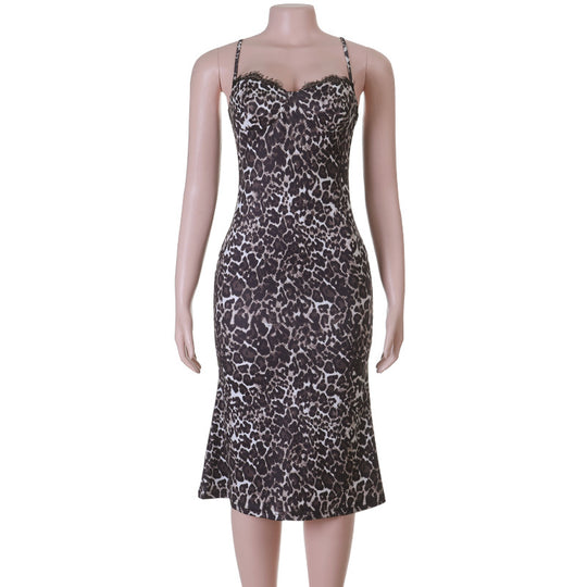Damen Figurbetontes Minikleid mit animalischem Muster und verstellbaren Spaghettiträgern EB