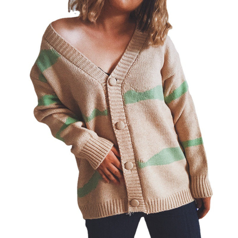 Damen gestreifte Strickjacke mit Knopfverschluss und weitem Schnitt EB