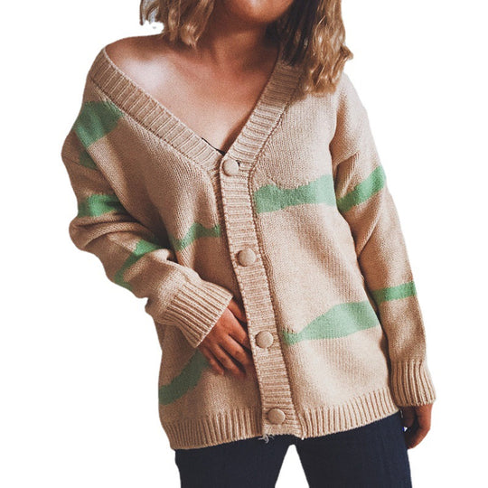 Damen gestreifte Strickjacke mit Knopfverschluss und weitem Schnitt EB