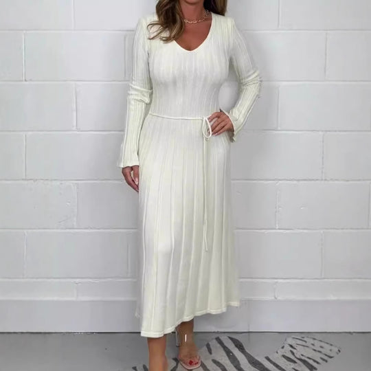 Damen Strickmaxikleid mit V-Ausschnitt und Taillenkordel EB