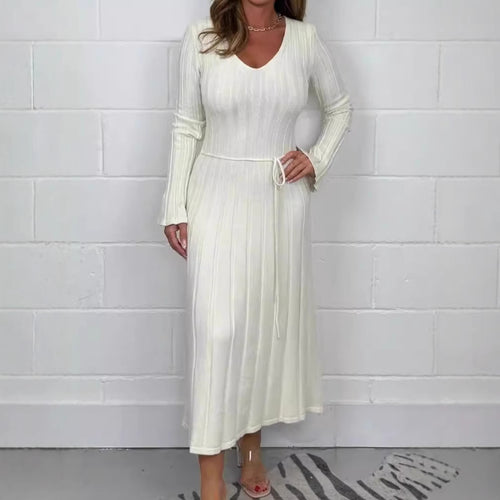 Damen Strickmaxikleid mit V-Ausschnitt und Taillenkordel EB