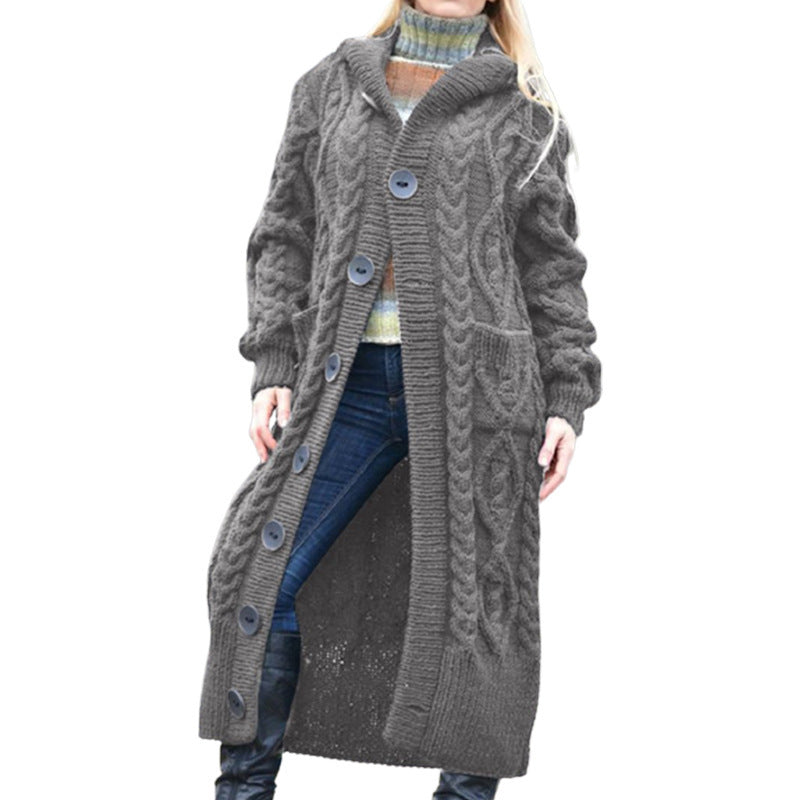 Damen Langer Strickmantel mit Kapuze und klassischem Zopfdesign EB