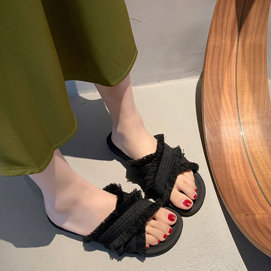 Damen Pantolette mit fransigem Design und softer Innensohle EB