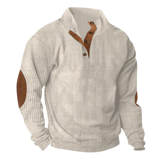 Herren nan gerippter Strickpullover mit Stehkragen und dekorativen Ellenbogenpatches EB