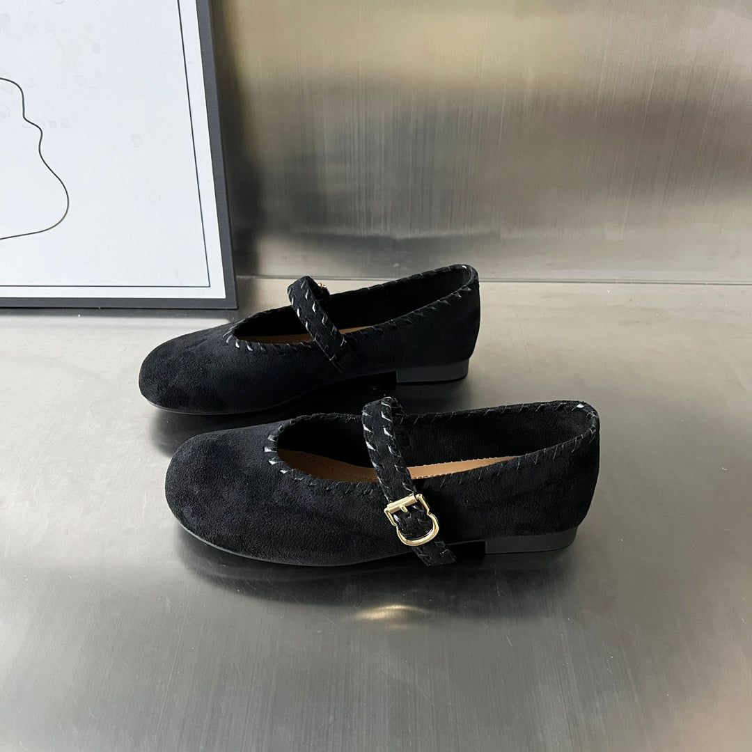 Damen elegante Ballerinas mit geflochtenem Riemen und hochwertiger Veloursoberfläche EB