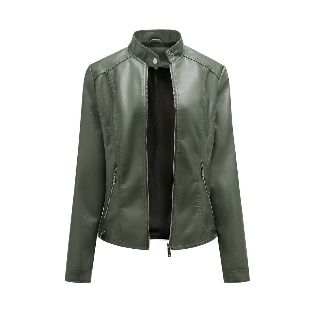 Damen modische Kunstlederjacke mit elegantem Stehkragen und praktischen Reißverschlusstaschen EB