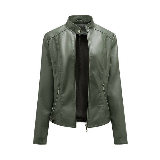 Damen modische Kunstlederjacke mit elegantem Stehkragen und praktischen Reißverschlusstaschen EB