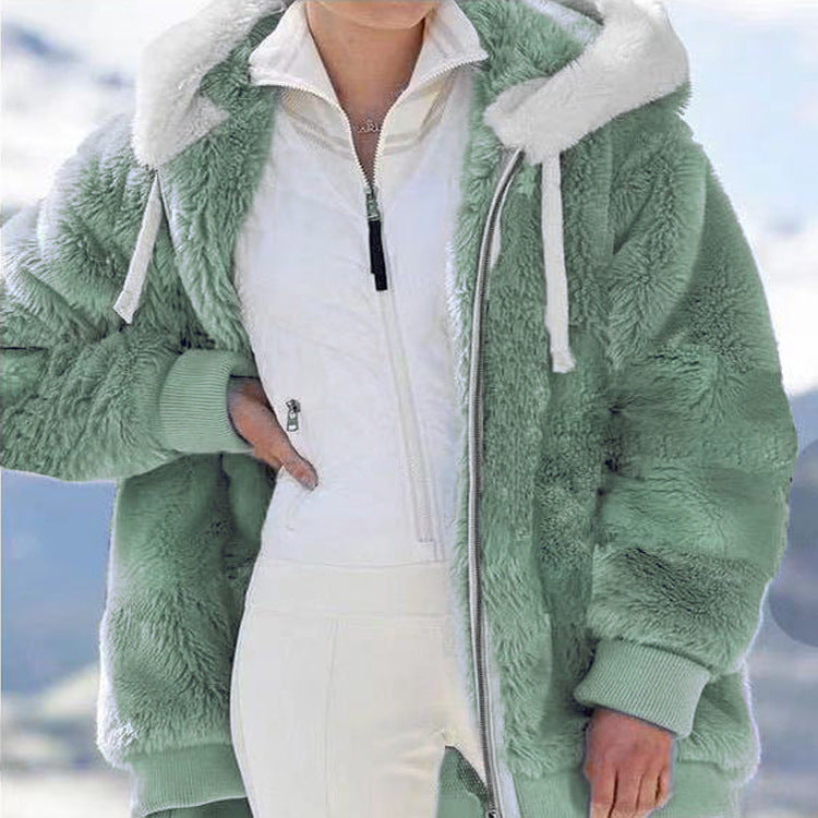 Damen nan kuschelige Kapuzen-Teddyjacke mit wattiertem Innenfutter und Rippbündchen EB
