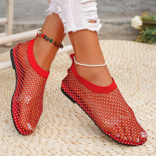 Damen Modische Netzsandalen mit funkelnden Kristallakzenten und elastischem Riemen EB