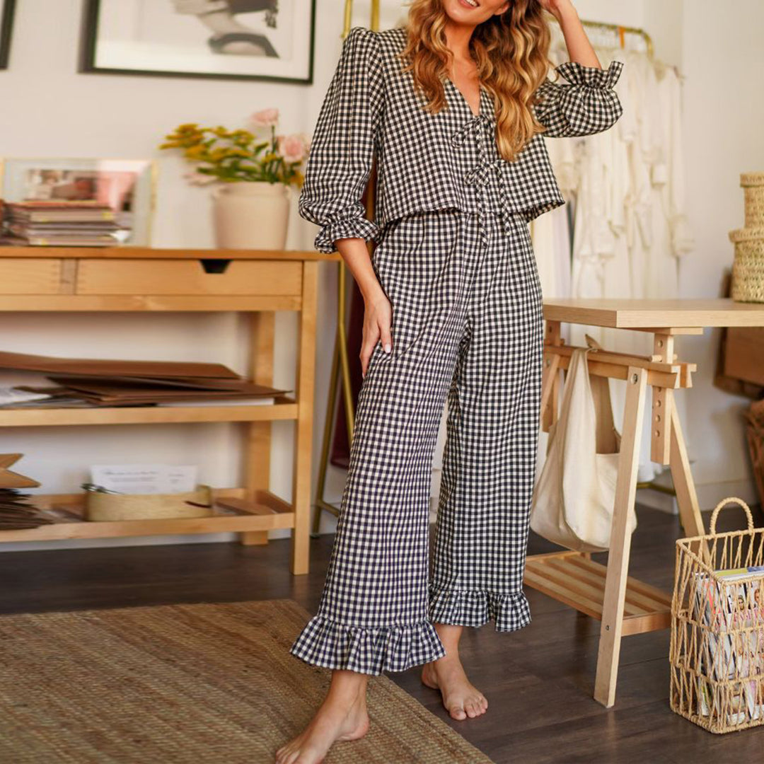 Damen Karierter Pyjamaanzug mit Rüschendetails EB