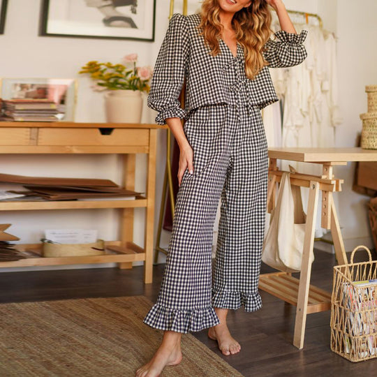 Damen Karierter Pyjamaanzug mit Rüschendetails EB