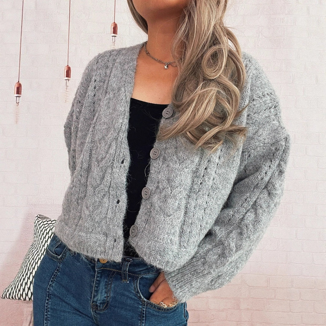 Damen kuschelige Strickjacke mit Zopfmuster und V-Ausschnitt EB