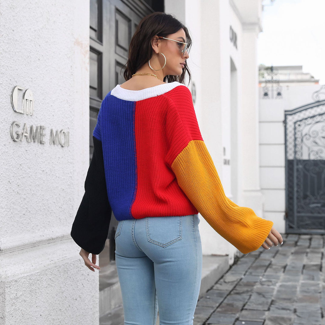 Damen Großer Strickpullover mit Farbblock-Design EB