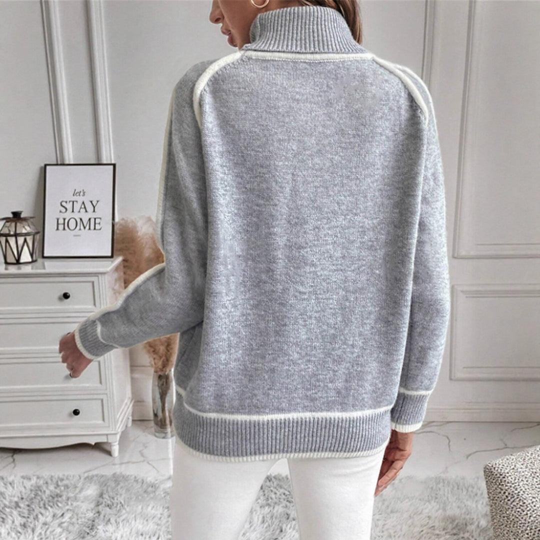 Damen Eleganter Rollkragenpullover mit Strukturierter Strickoberfläche und Farblich Abgesetzten Akzenten EB