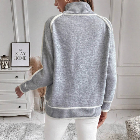 Damen Eleganter Rollkragenpullover mit Strukturierter Strickoberfläche und Farblich Abgesetzten Akzenten EB