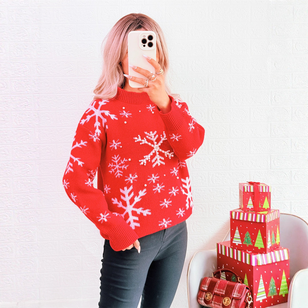 Damen Weihnachts-Pullover mit festlichem Schneemuster und hohem Kragen EB