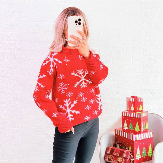 Damen Weihnachts-Pullover mit festlichem Schneemuster und hohem Kragen EB