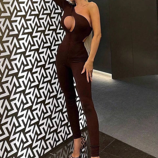 Damen Figurbetonter Jumpsuit mit asymmetrischem Ausschnitt und Cut-Out-Details EB