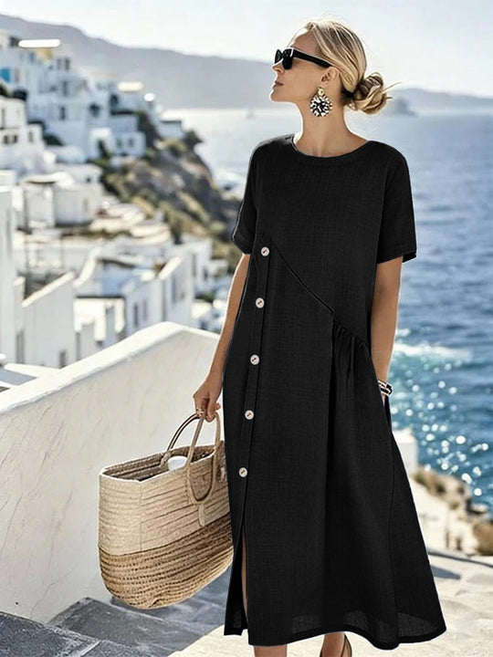 Damen Luftiges Sommerkleid mit seitlicher Knopfleiste, kurzen Ärmeln und Schlitz EB