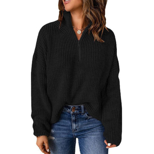 Damen Grobstrickpullover mit Stehkragen und Reißverschluss EB