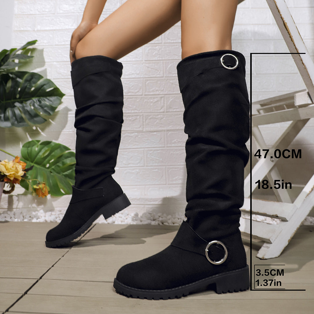 Damen hohe Stiefel mit modischem Rüschen-Design und dekorativem Riemen EB