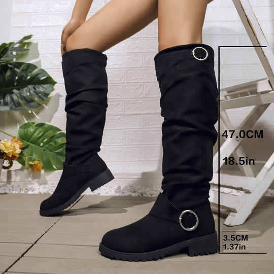 Damen hohe Stiefel mit modischem Rüschen-Design und dekorativem Riemen EB
