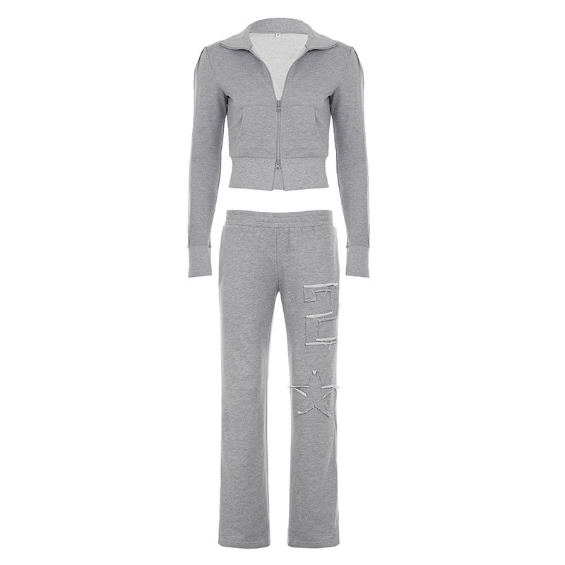 Damen nan taillierte Cropped-Kapuzenjacke mit durchgehendem Reißverschluss, elastischem Abschlussbund und dekorativem College-Print EB