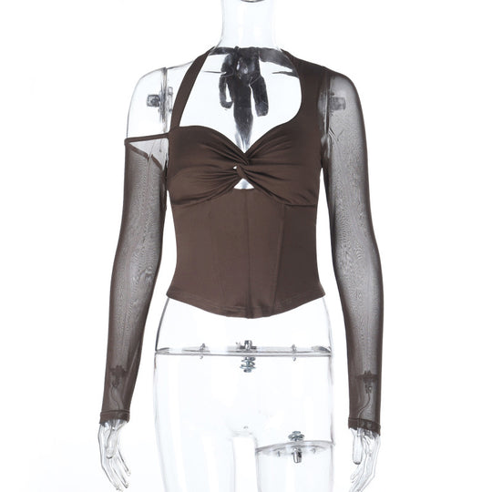 Damen stilvolles Bustier-Top mit langen transparenten Ärmeln und Knotendetail EB