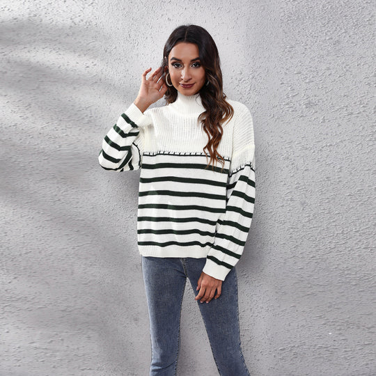 Damen Strickpullover mit hohem Kragen und modernem Streifenmuster EB