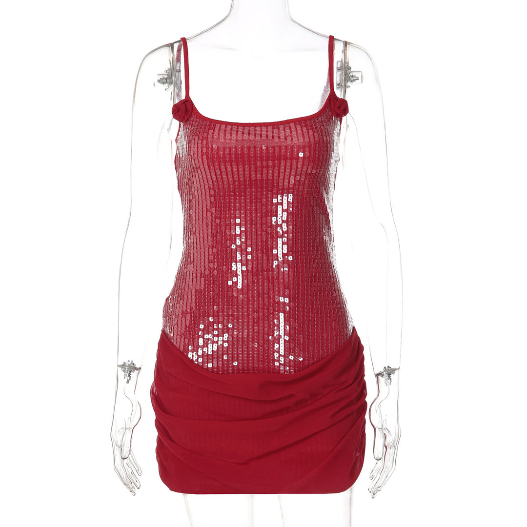 Damen Elegantes Minikleid mit Pailletten und Raffungen EB