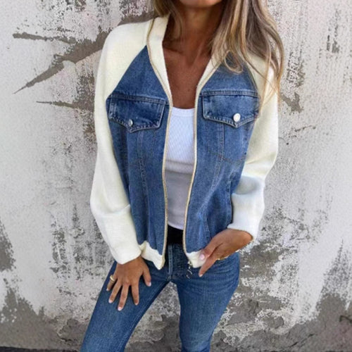 Damen lässige Sweaterjacke mit Denim-Style und Fleeceärmeln EB