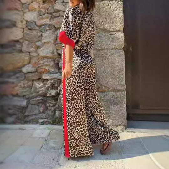 Damen eleganter Leoprint-Jumpsuit mit weiten Beinen und lockerer Passform EB