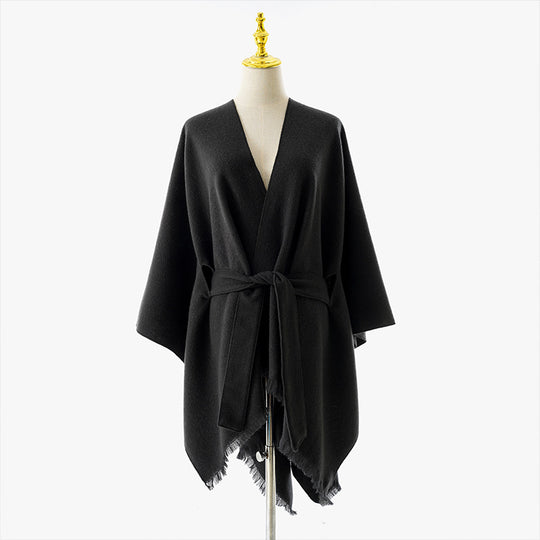 Damen Wickelponcho mit Bindegürtel, V-Ausschnitt und Fransensaum EB