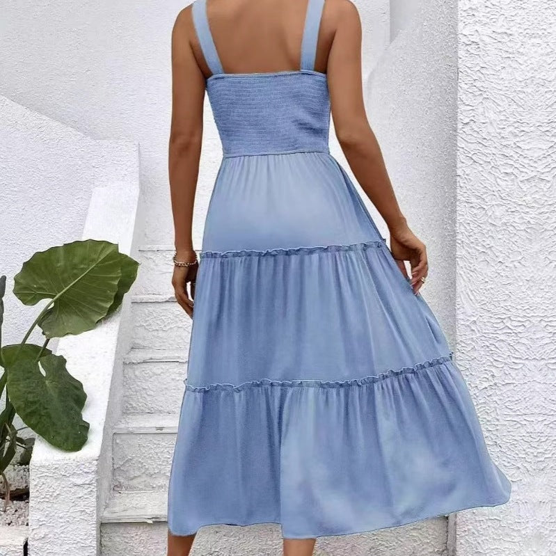 Damen Maxikleid mit elastischem Bustier und fließendem Rock EB