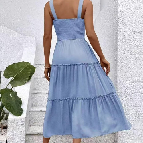 Damen Maxikleid mit elastischem Bustier und fließendem Rock EB