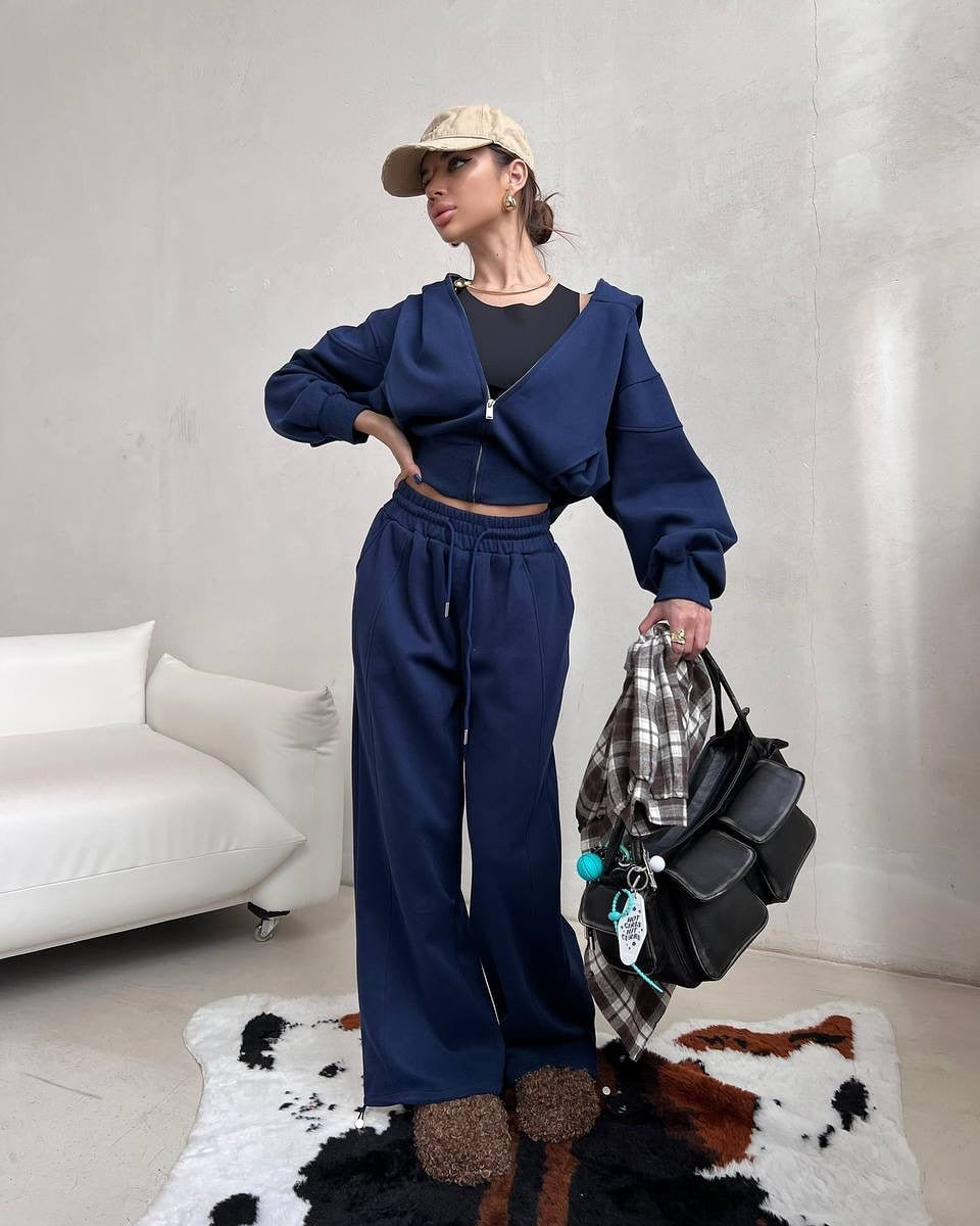 Damen Zweiteiliges Loungewear-Set mit kurzem Zip-Hoodie und hochtaillierter weiter Jogginghose EB