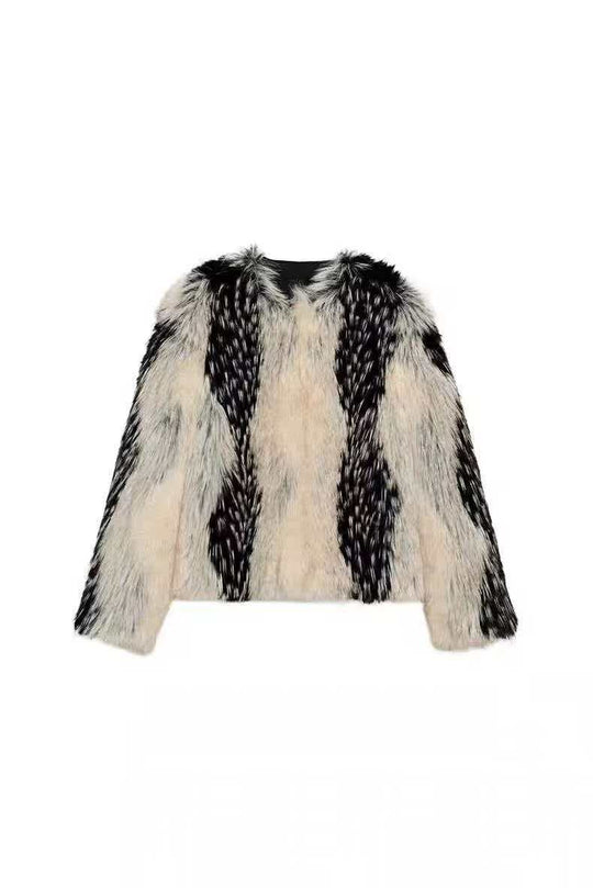 Damen nan kurze Kunstpelzjacke mit kontrastierenden Längsbesätzen und Rundhalsausschnitt EB