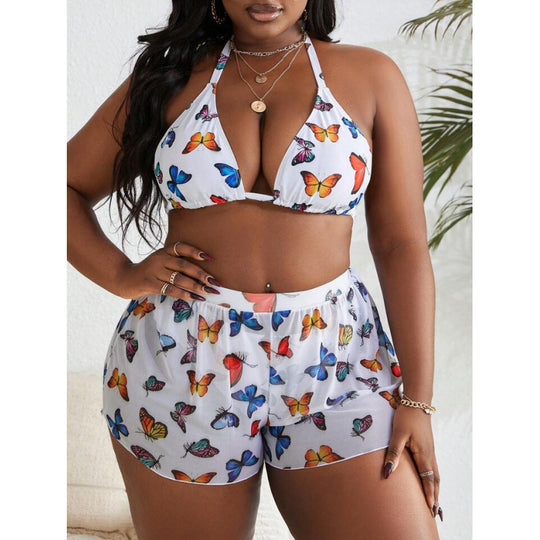 Damen Bikiniset mit modischen Shorts und buntem Schmetterlingsdesign EB