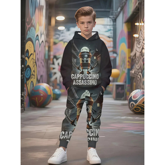 Unisex nan Kinder Jogginganzug mit Kapuzenpullover und detailreichem Auto-Print EB