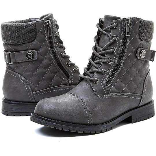 Damen nan gequiltete Schnür-Bikerboots mit seitlichem Reißverschluss, gepolstertem Schaft und robustem Profilsohle EB