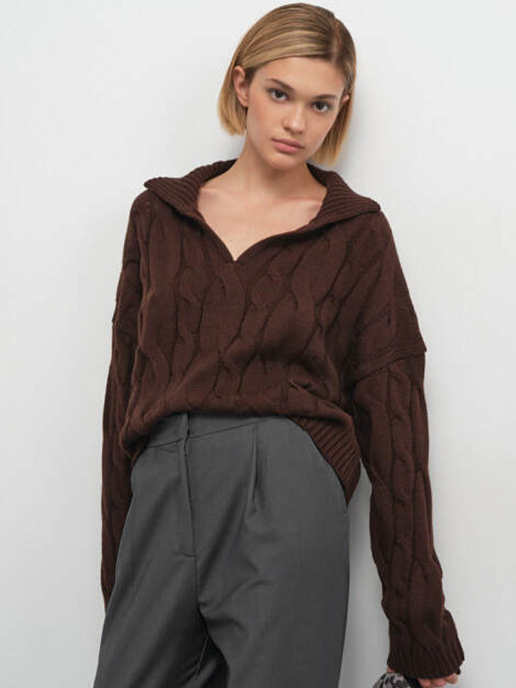 Damen Hoher Kragen Strickpullover mit Zopfmuster EB