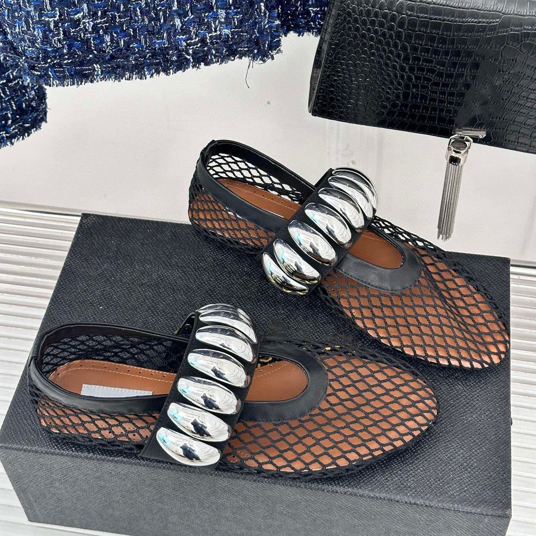 Damen Ballerinas mit glitzerndem Riemen und luftiger Netzoberfläche EB