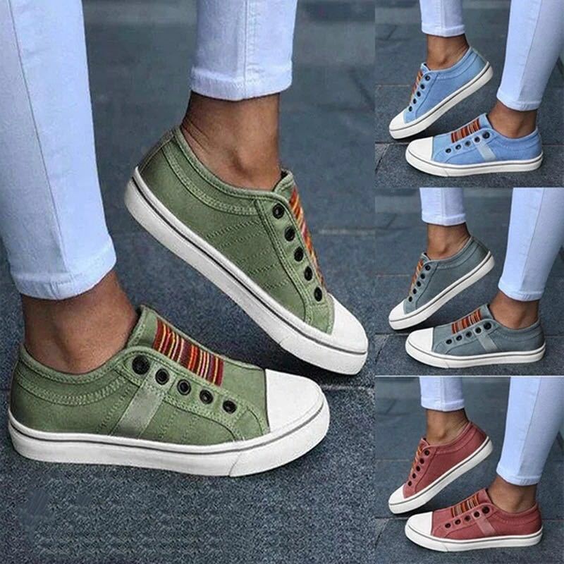 Damen Sportliche Canvas Sneaker mit buntem Streifenmuster EB