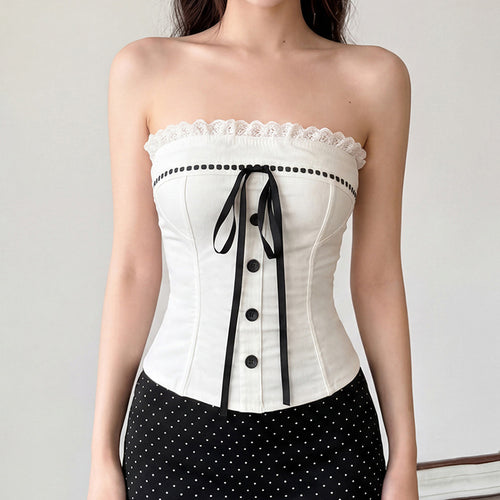 Damen Bustier-Oberteil mit dekorativem Rüschensaum und Knopfdetails EB