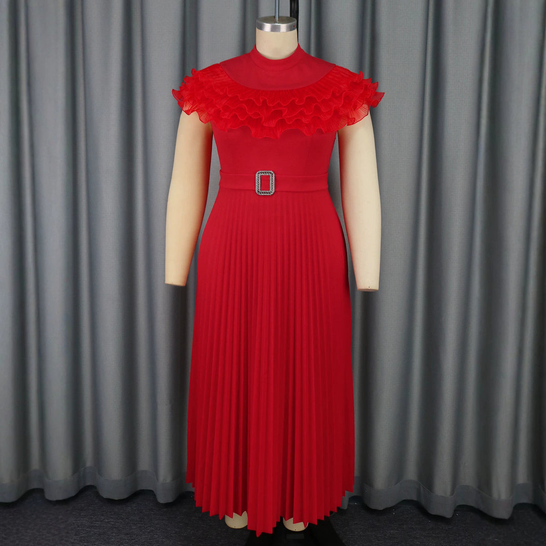 Damen plissiertes Abendkleid mit Volant-Ausschnitt und Taillengürtel EB
